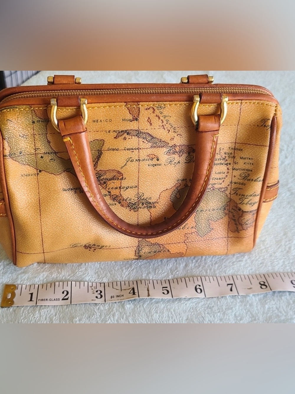 Alviero Martini Mini Satchel in Tan Map Print with Brown Trim